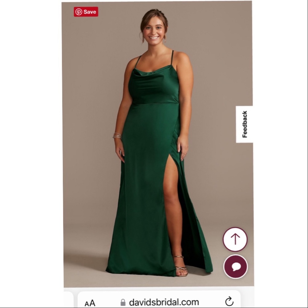 David’s Bridal Green Satin Dress SHINY CHARMEUSE COWL NECK SLIP DRESS WITH SLIT